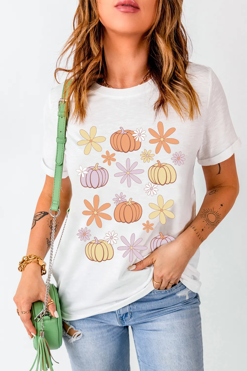 Pumpkin & Flower Round Neck Short Sleeve T-Shirt, image 5