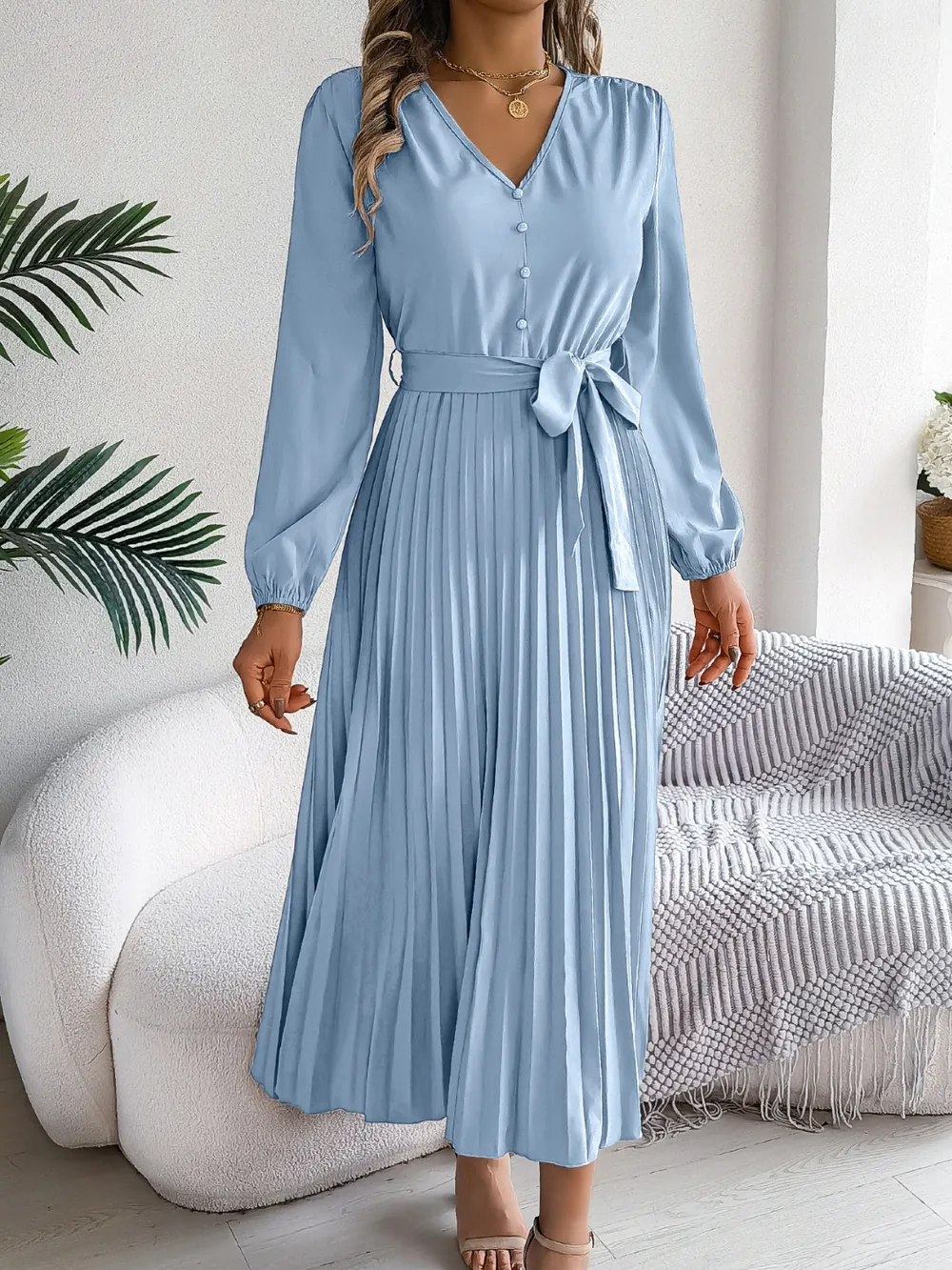 Pleated Tied V-Neck Long Sleeve Dress, image 11