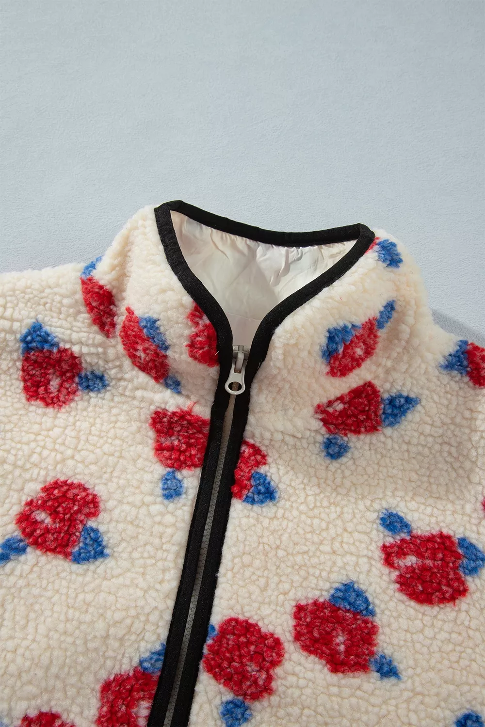 Floral Print Zipper Stand Neck Outerwear Fleece Coat, image 8