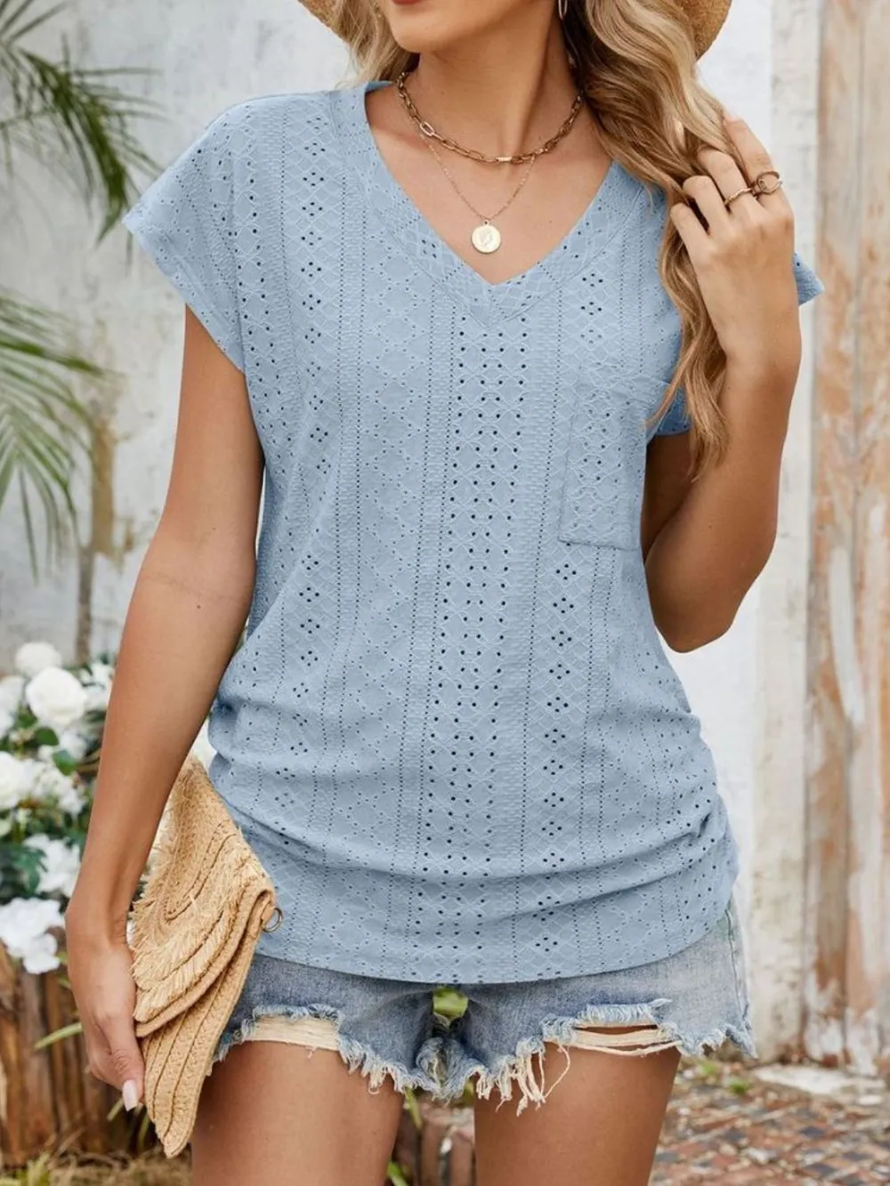 Eyelet V-Neck Short Sleeve Top, image 35