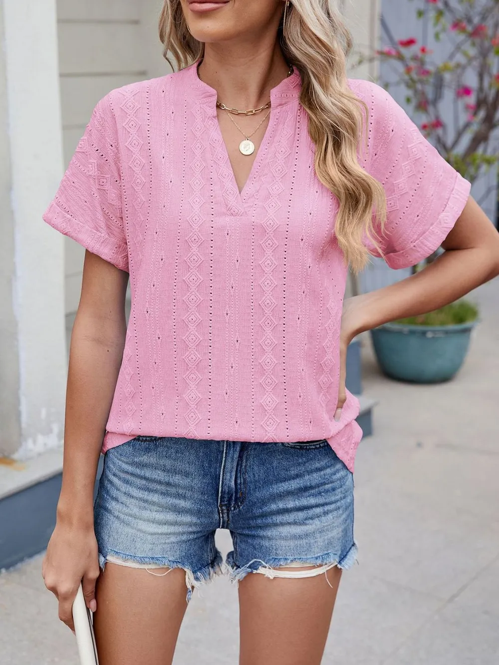 Eyelet Notched Short Sleeve Top, image 34