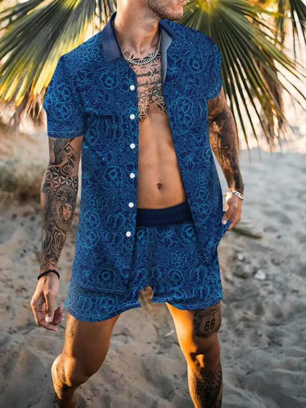 Men's Full Size Printed Collared Neck Short Sleeve Top and Shorts Set Plus Size, image 3