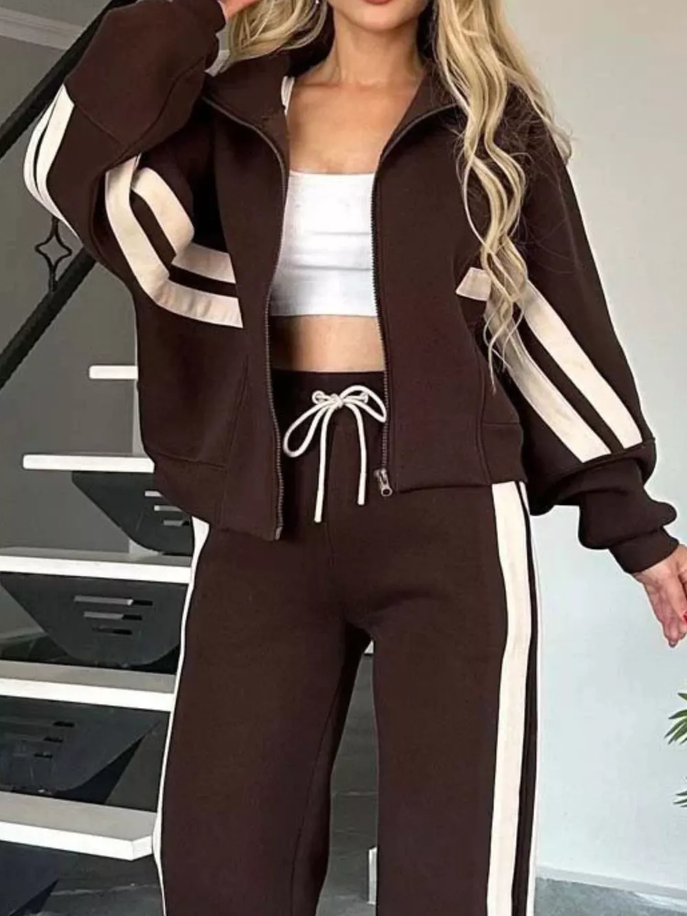 Full Size Contrast Stripe Zip Up Jacket and Pants Set Plus Size, image 13
