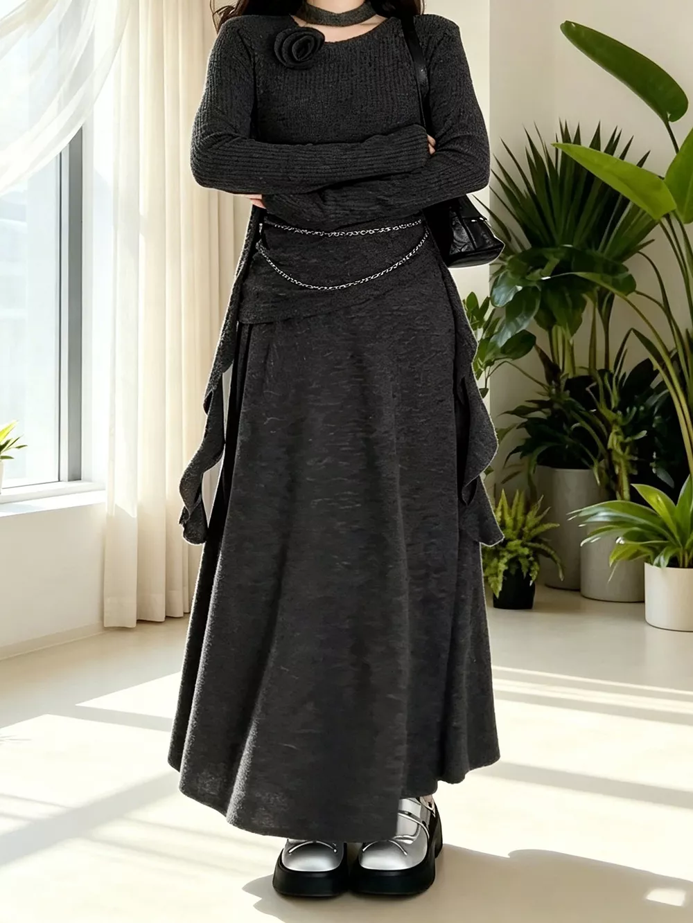 Ribbed Knit Long Sleeve Top and Skirt Set, image 3