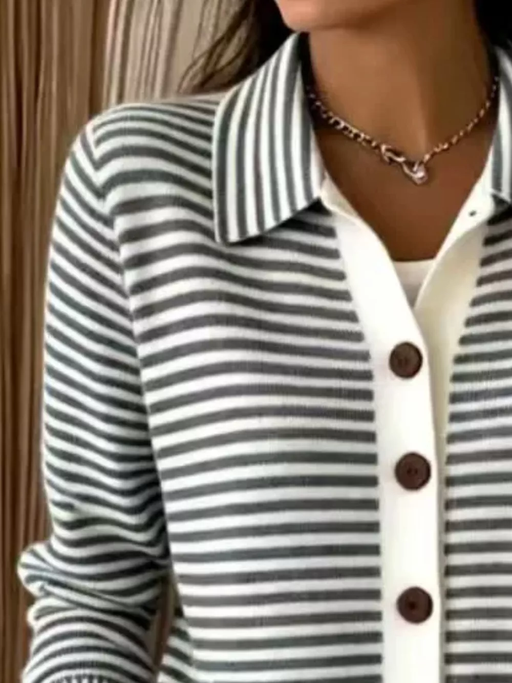 Striped Collared Button-Down Knit Cardigan, image 4