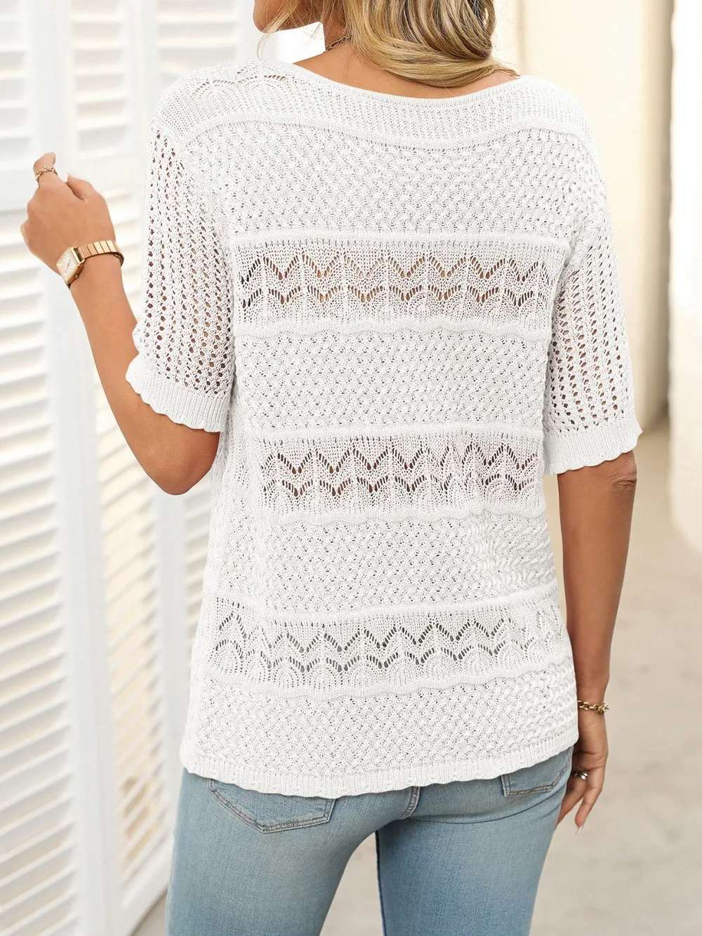 Openwork Round Neck Half Sleeve Knit Top, image 23