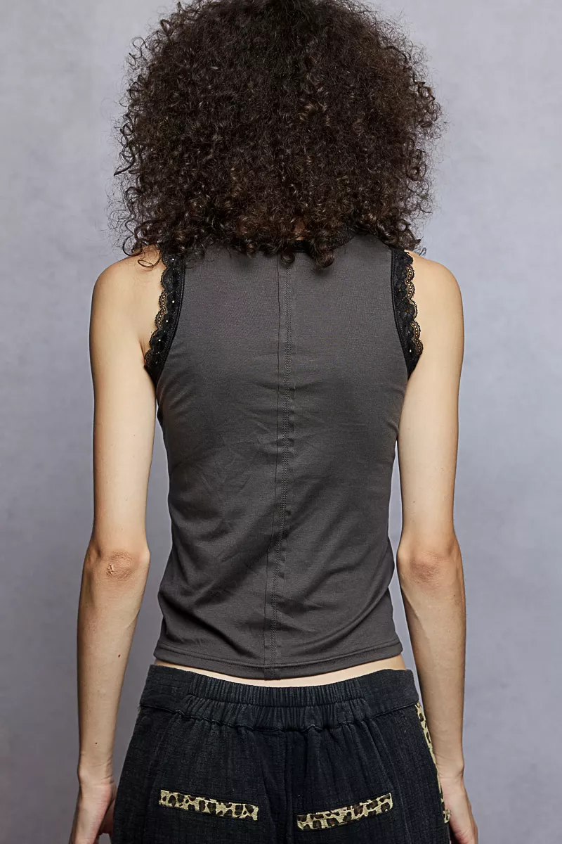 Round Neck Cropped Tank with Lace Trim, image 6