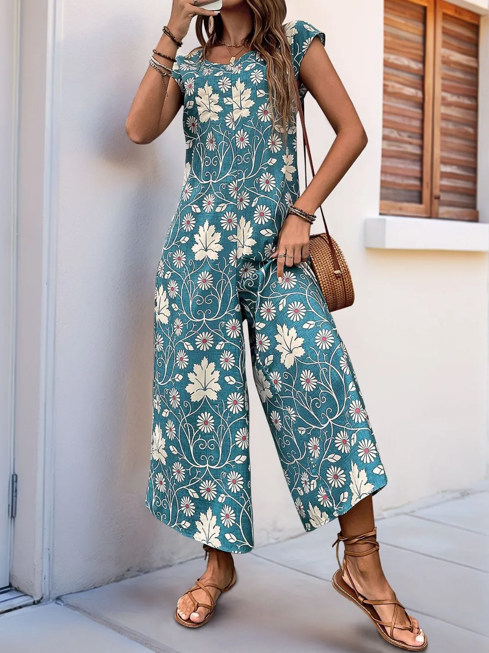Printed Round Neck Cap Sleeve Wide Leg Jumpsuit, image 18