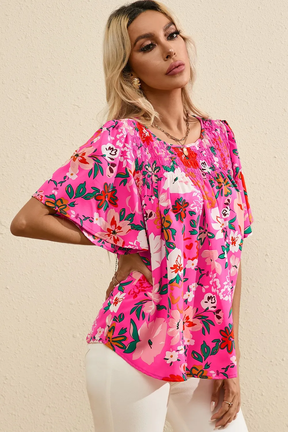 Smocked Printed Round Neck Half Sleeve Blouse, image 7