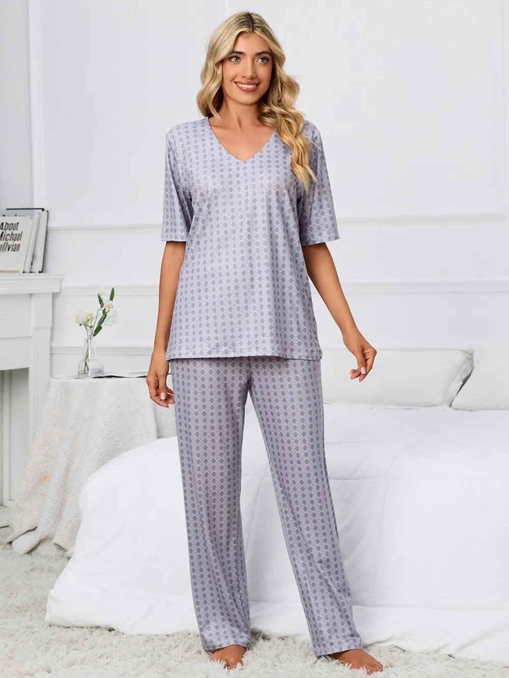 Printed V-Neck Top and Pants Lounge Set, image 4