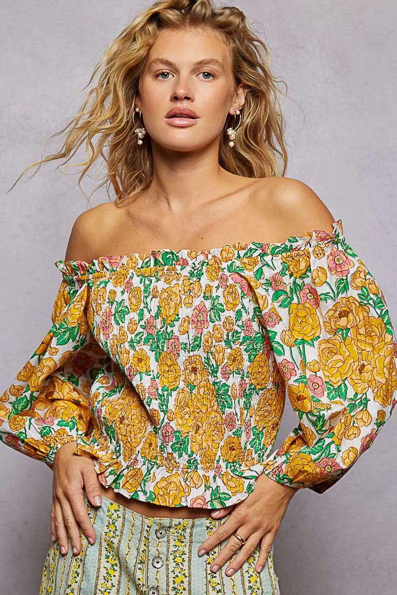 Floral Print Off-Shoulder Smocked Blouse
