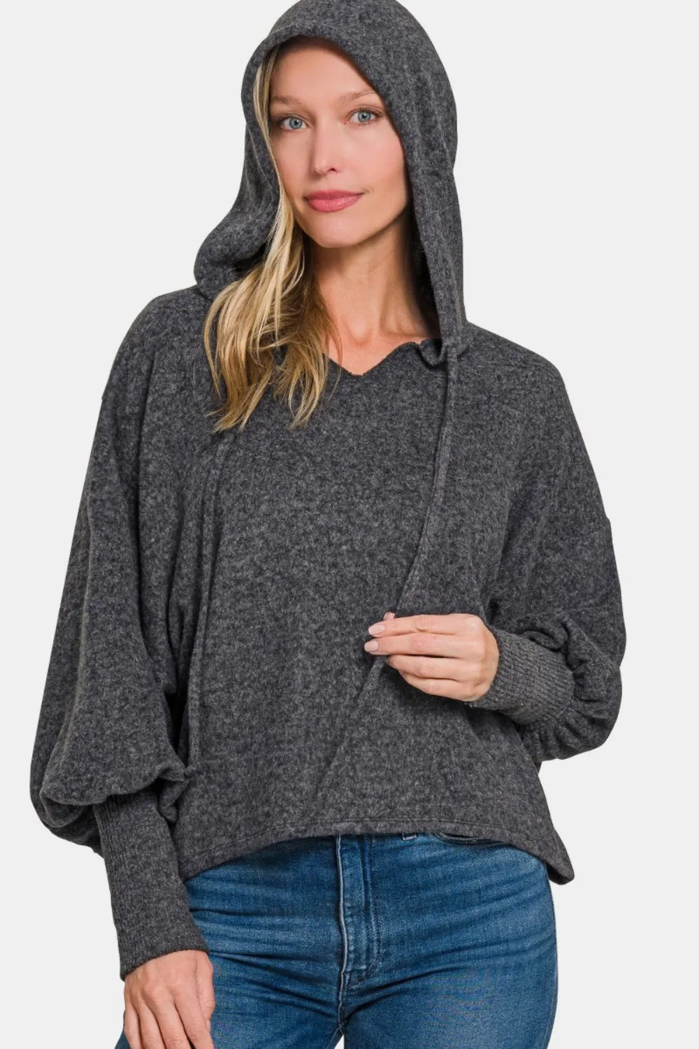 Brushed Hacci Drop Shoulder Cropped Hoodie, image 2