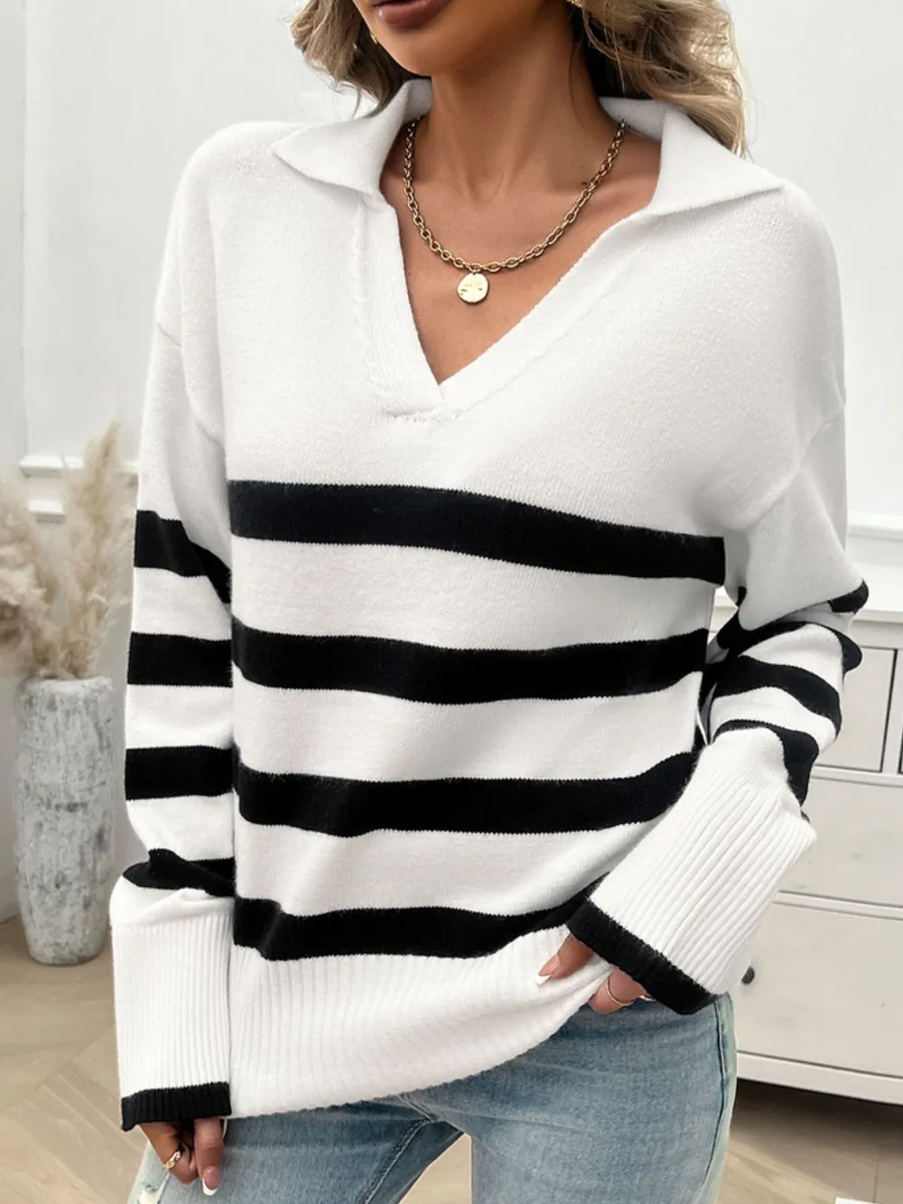 Striped Collared Neck Long Sleeve Sweater, image 14