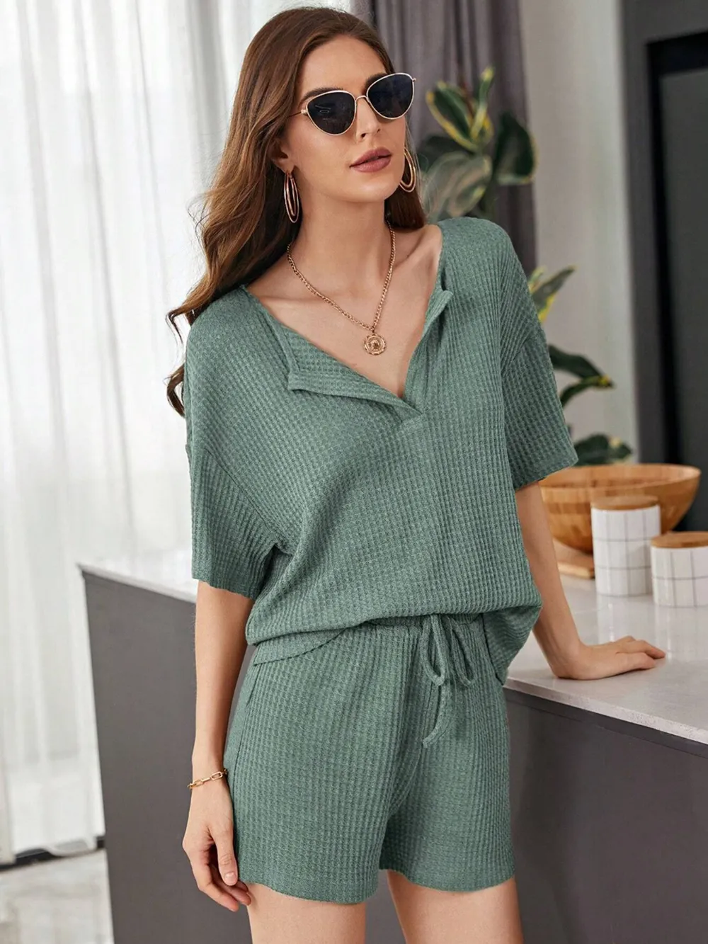 Full Size Waffle-Knit Dropped Shoulder Top and Shorts Set, image 12