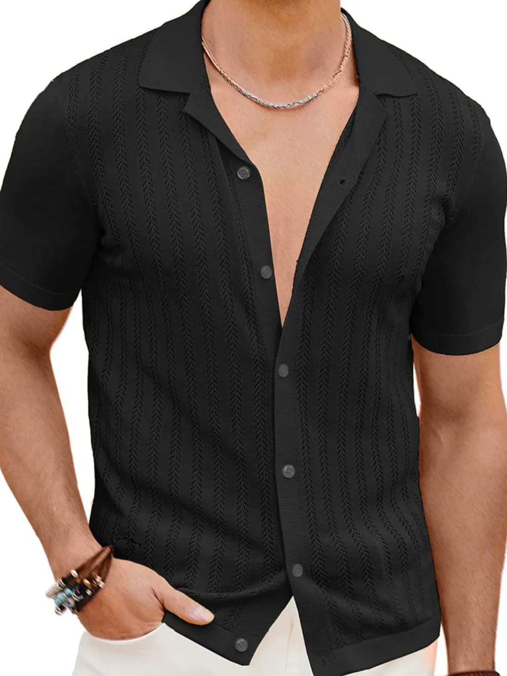 Men's Full Size Openwork Button Down Short Sleeve Shirt Plus Size