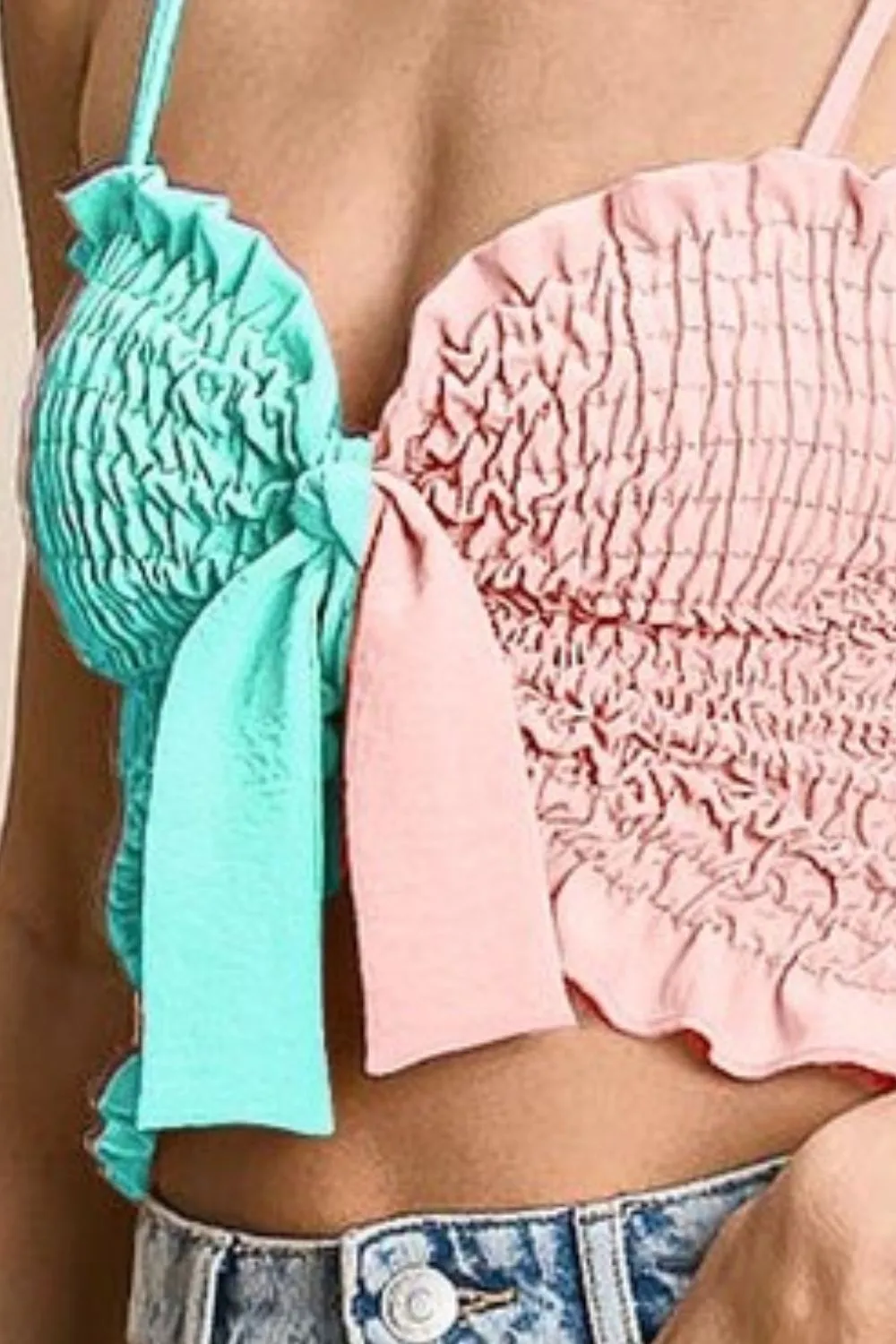 Woven Color Block Smocked with Ribbon Bra Top, image 2