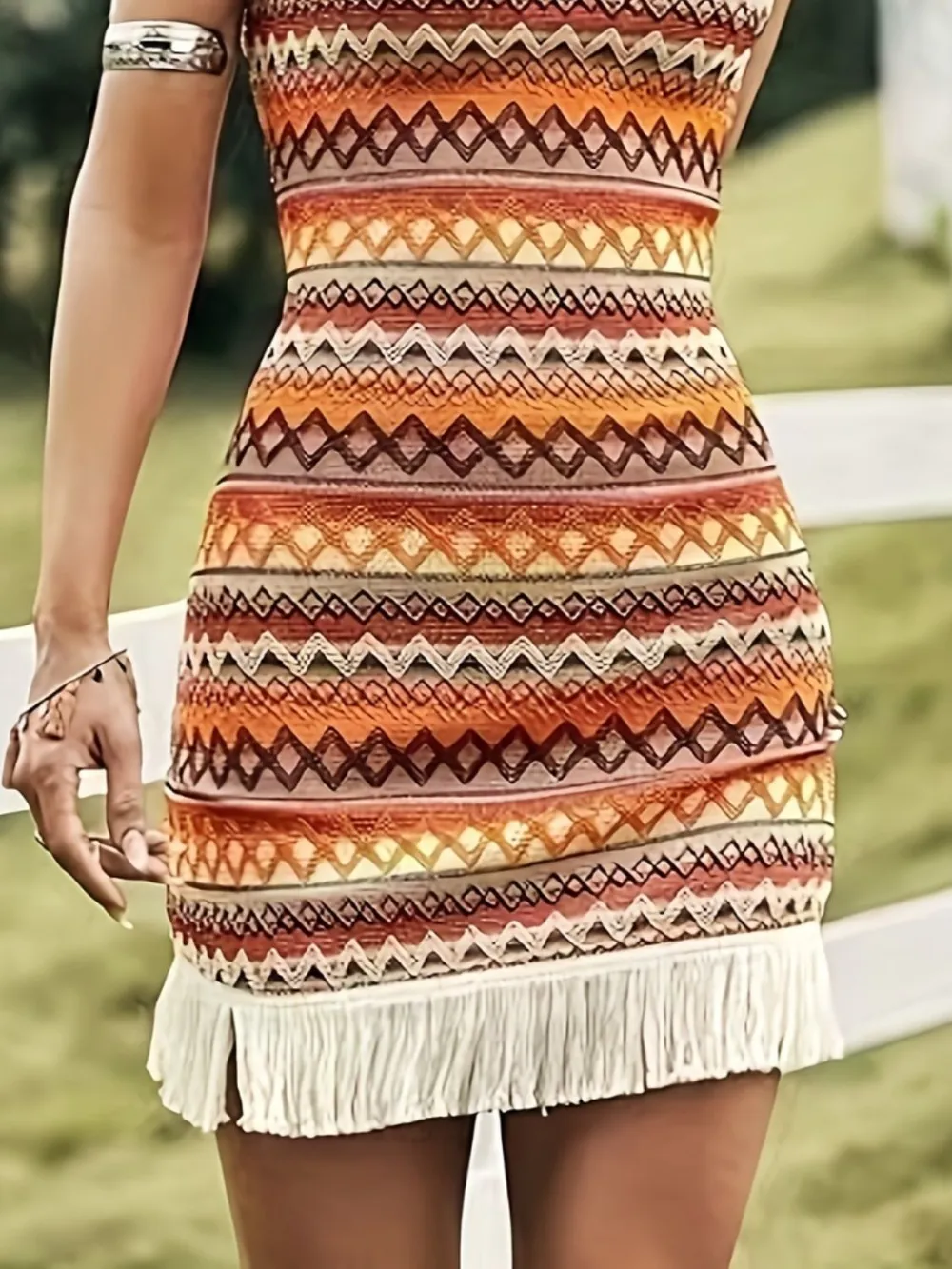 Fringe Grecian Neck Mini Dress, image 4
