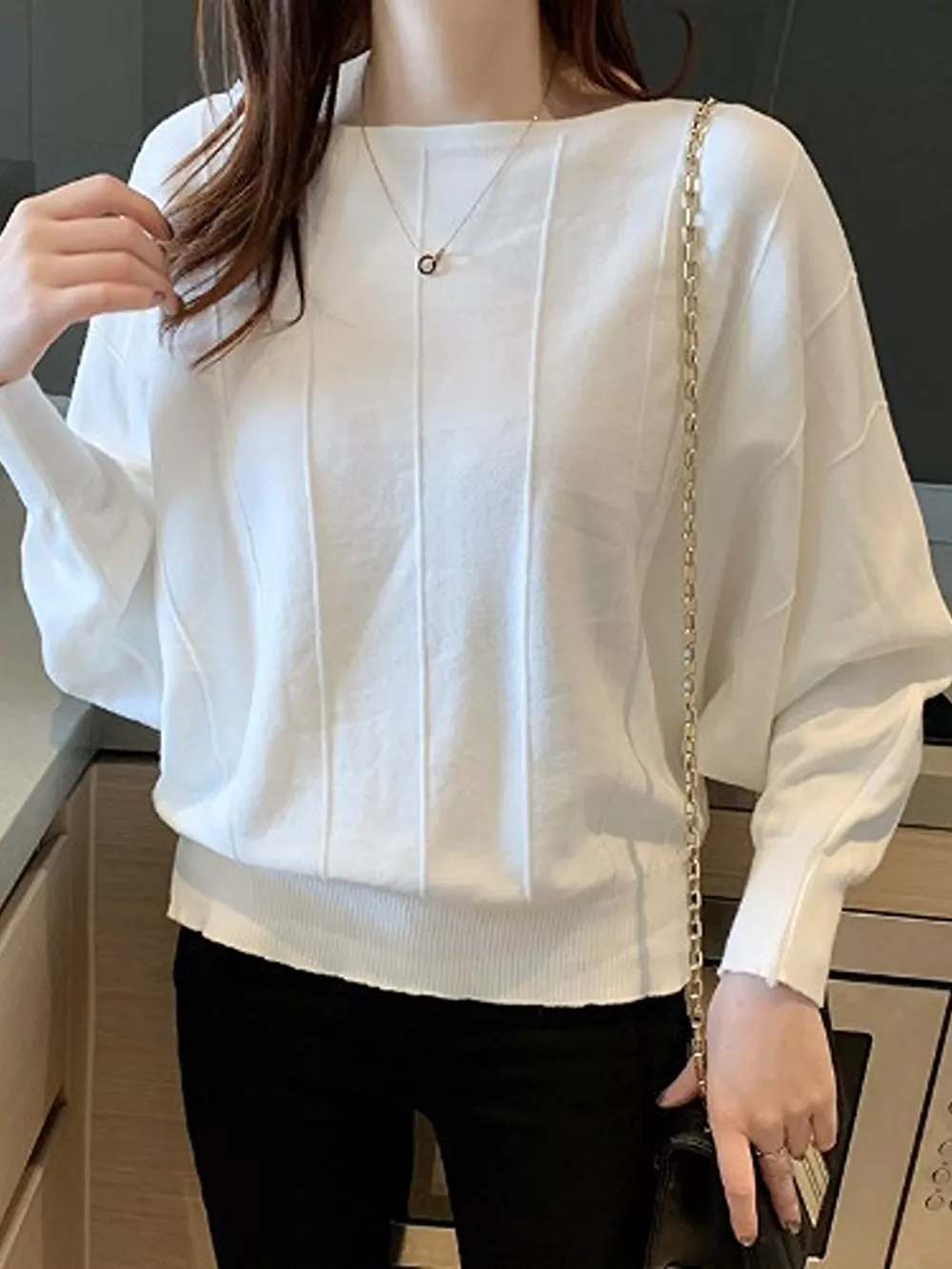 Ribbed Hem Batwing Sleeve Knit Top, image 16