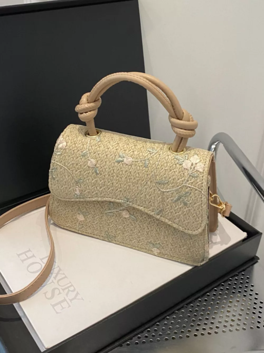 Floral Embroidered Straw Woven Crossbody Bag