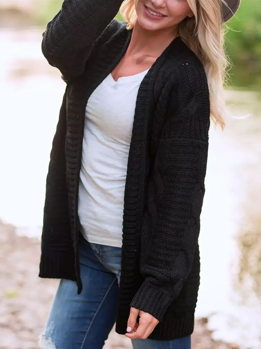 Cable-Knit Open Front Long Sleeve Cardigan, image 8