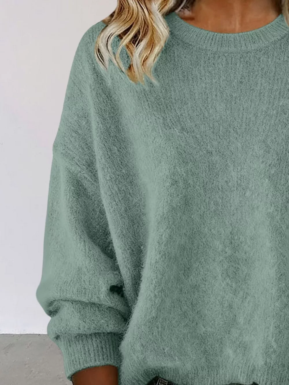 Full Size Round Neck Dropped Shoulder Sweater Plus Size, image 20