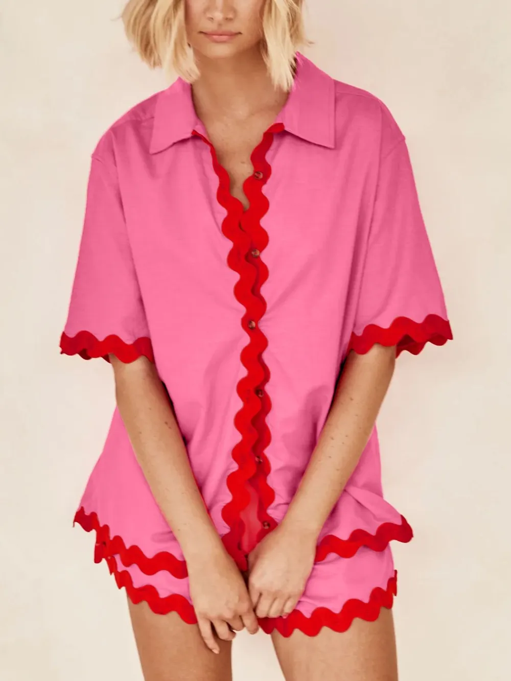 Contrast Trim Half Sleeve Top and Shorts Set, image 3