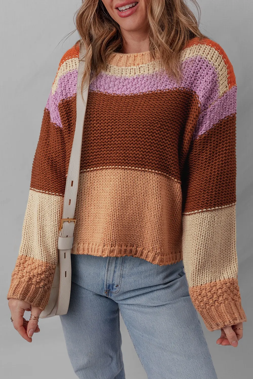 Colorblock Striped Round Neck Sweater