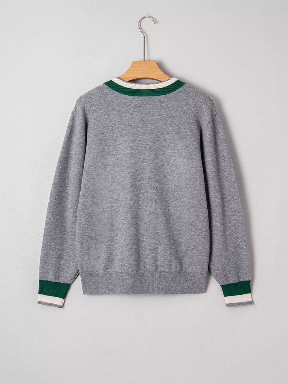 V-Neck Striped Trim Long Sleeve Sweater, image 7