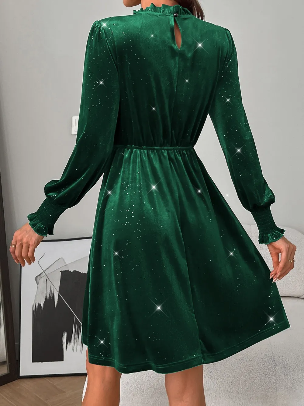 Glitter Mock Neck Long Sleeve Mini Dress, image 7