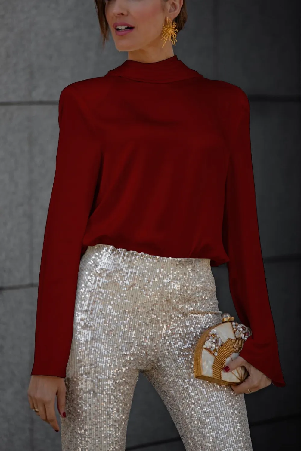 Backless Cowl Neck Long Sleeve Blouse, image 5