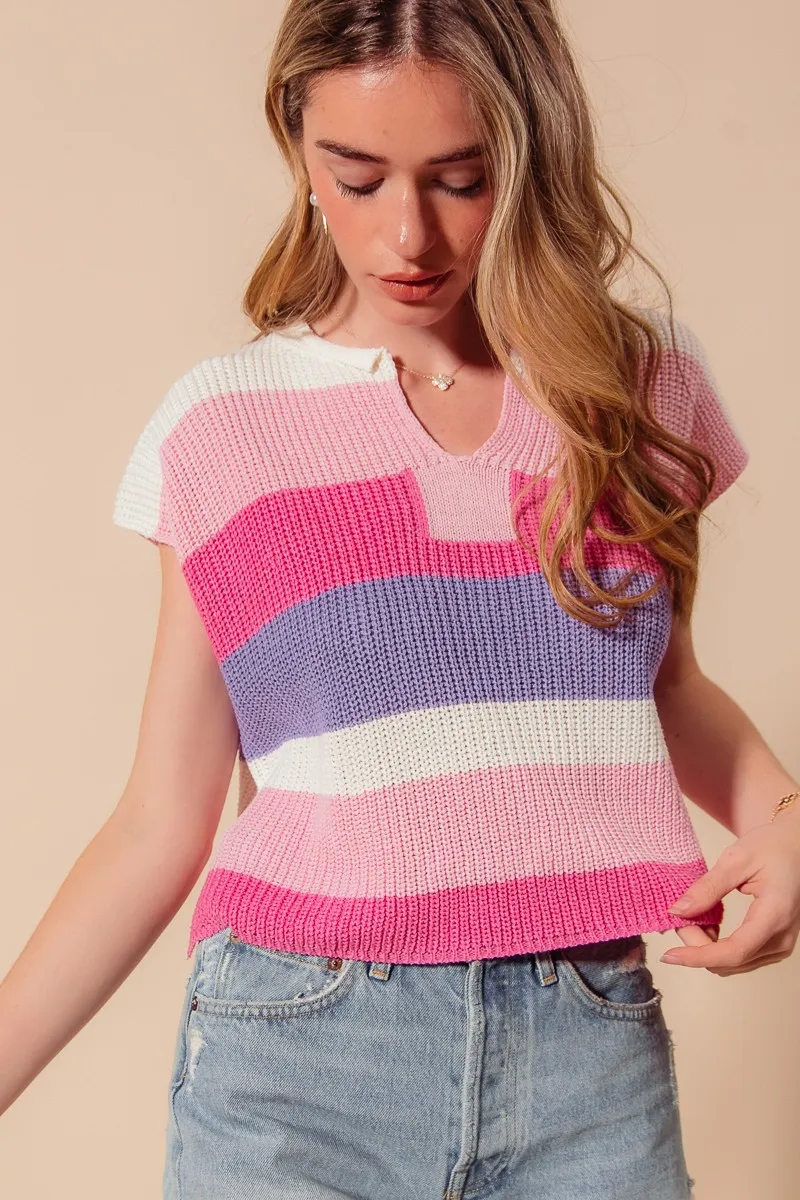 Multi Color Stripe Loose Fit Cap Sleeve Sweater Top, image 4