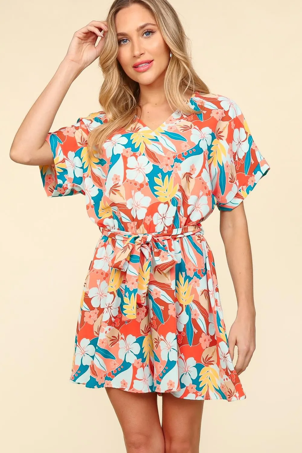 Tropical Floral Short Sleeve Tied Romper, image 4