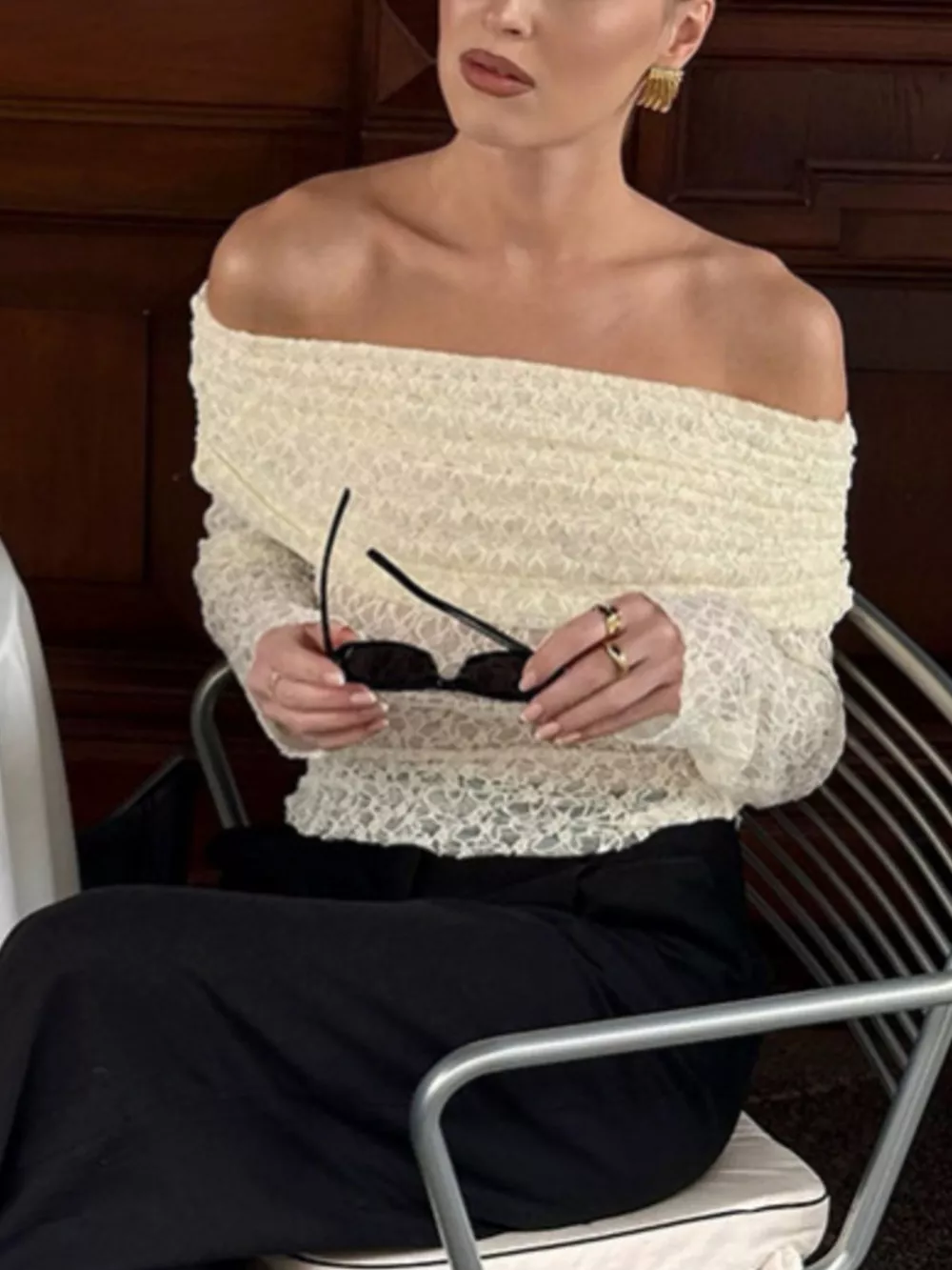 Off Shoulder Long Sleeve Lace Top, image 5