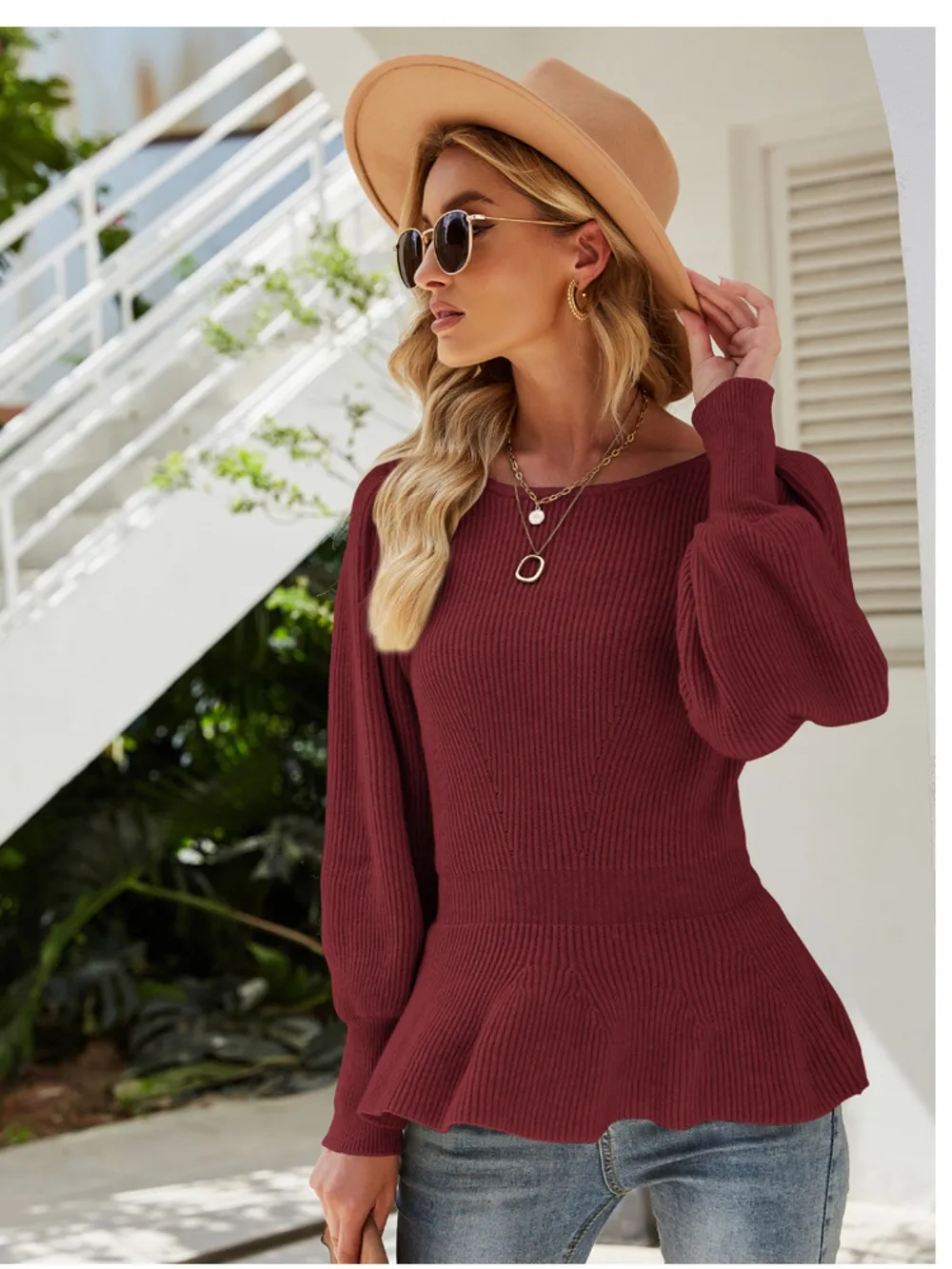 Ribbed Round Neck Lantern Sleeve Sweater, image 3
