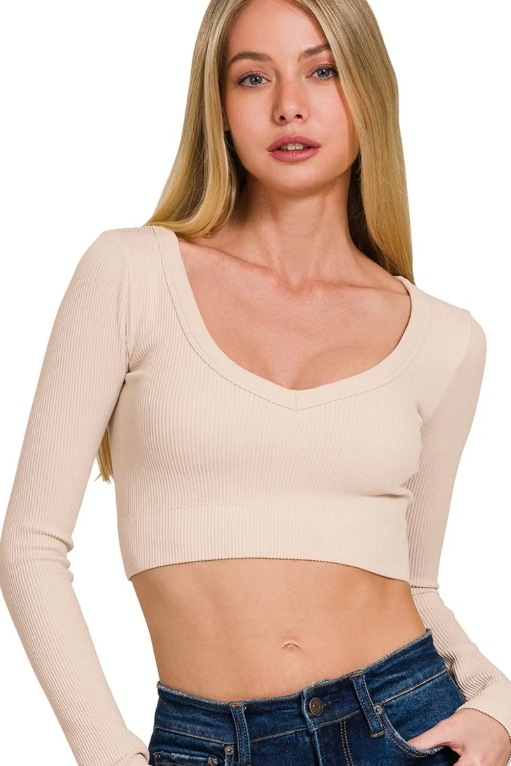 Seamless Fitted Rib V-neck Long Sleeve Crop Top, image 3