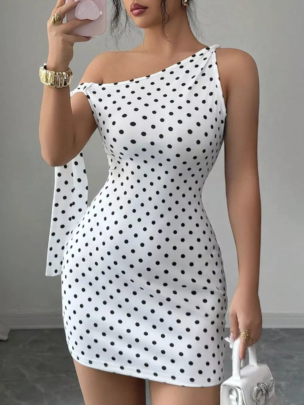 One-Shoulder Polka Dot Bodycon Mini Dress, image 2