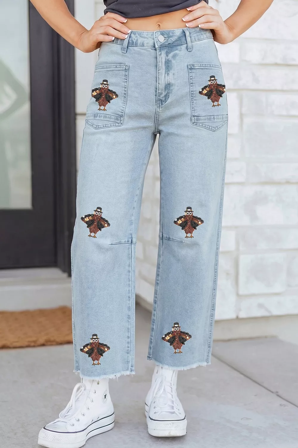 Sequin Turkey Patch Pocket Raw Hem Ankle Length Jeans, image 5