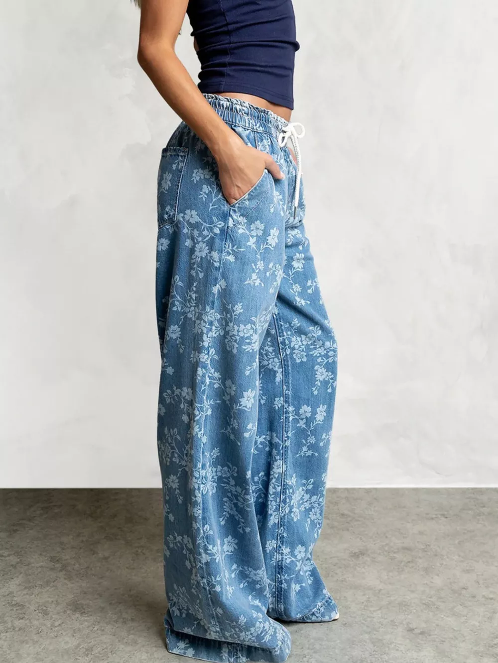 Drawstring Floral Wide-Leg Jeans, image 3