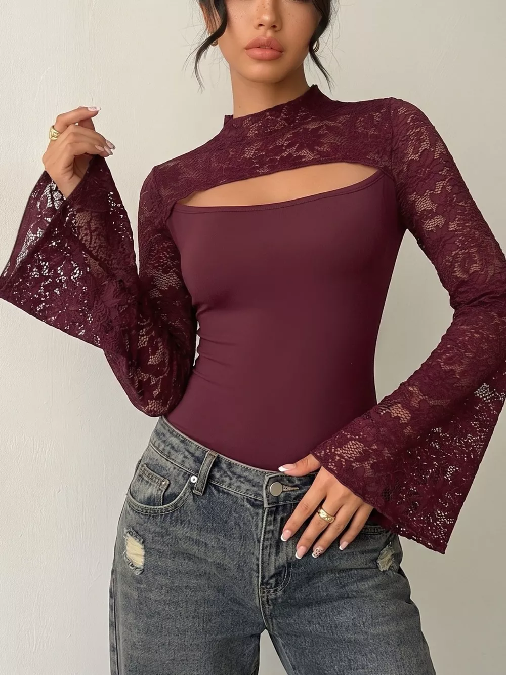 Lace Cut-out Flare Sleeve Bodysuit