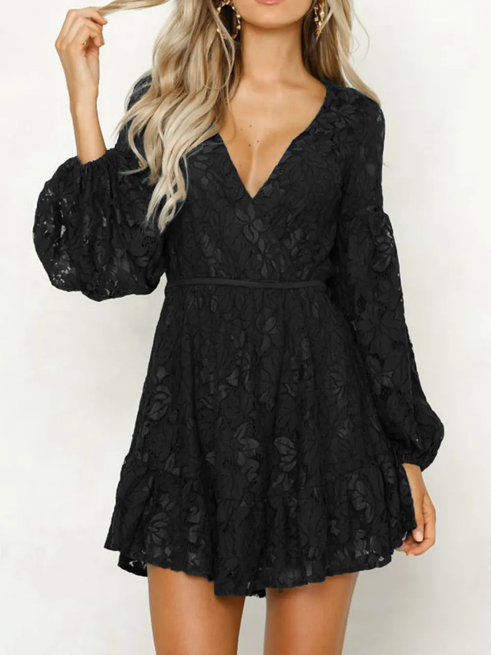 Lace V-Neck Long Sleeve Mini Dress