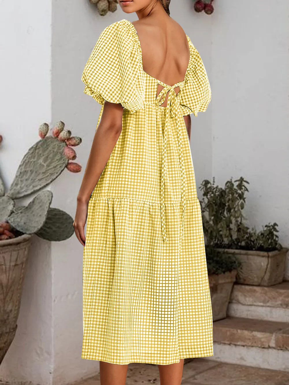 Plaid Square Neck Short Sleeve Dress, image 9
