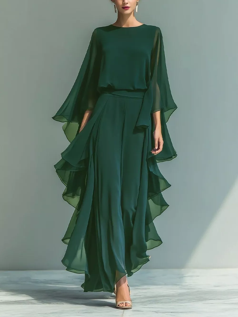 Ruffled Chiffon Long Sleeve Top and Pants Set, image 3