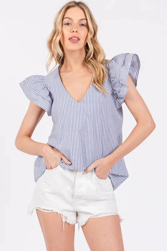 Ces Femme Striped V-Neck Ruffled Cap Sleeve Blouse, image 2