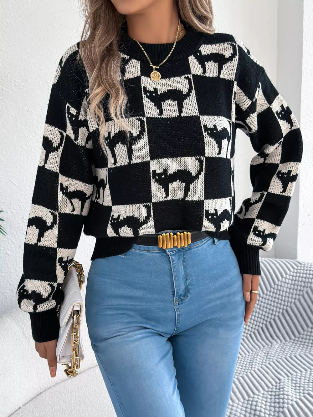 Cozy Cat Checkerboard Pattern Sweater, image 3
