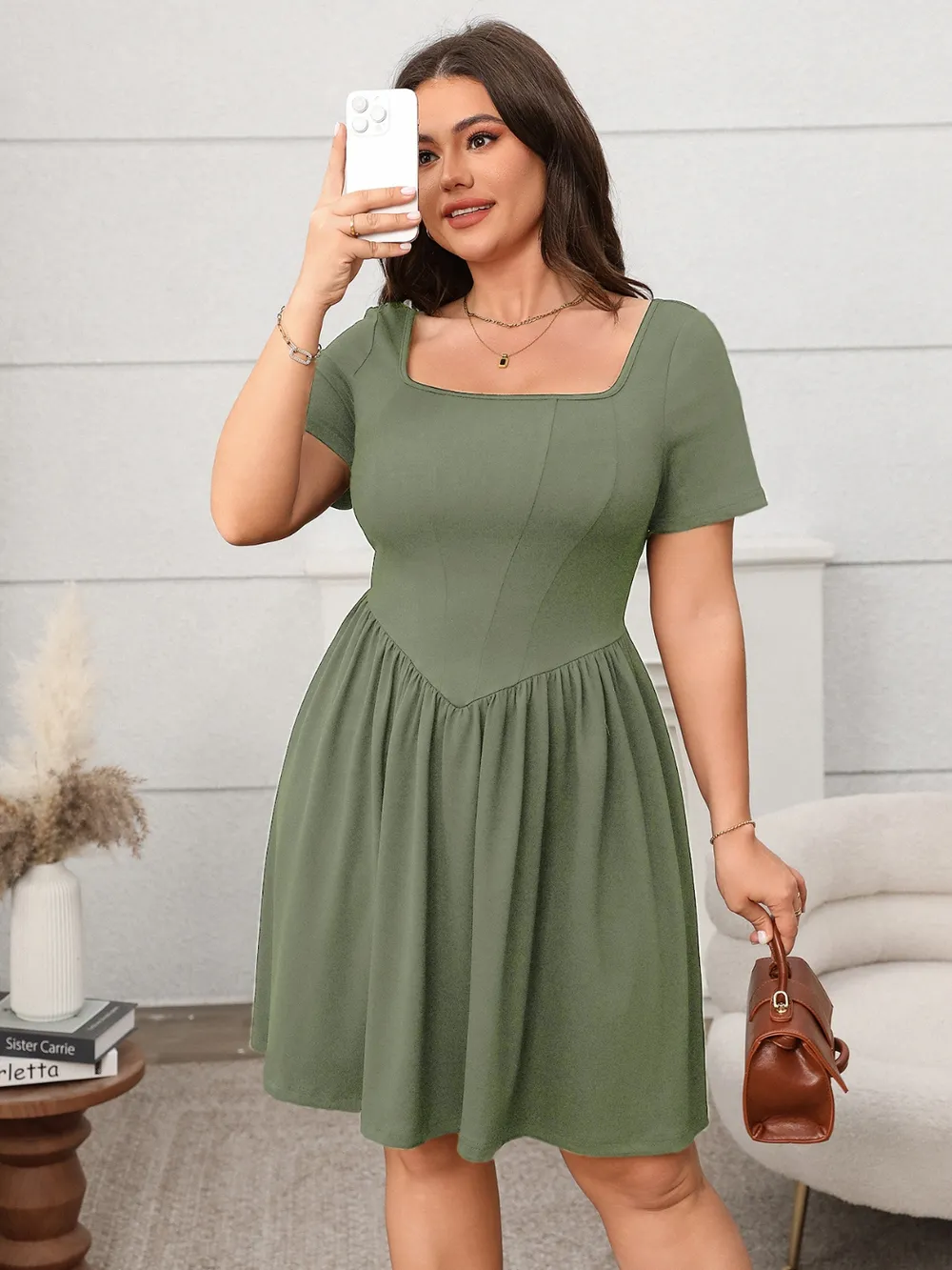 Plus Size Square Neck Short Sleeve Mini Dress, image 12