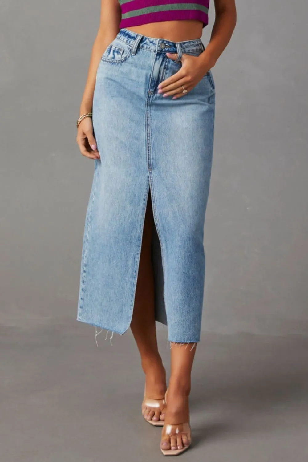 Slit Raw Hem Midi Denim Skirt, image 6