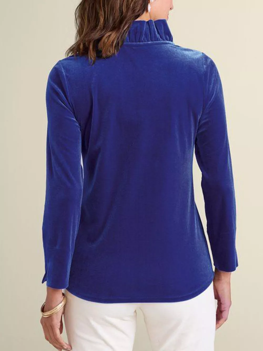 Velvet Long Sleeve Blouse with Ruffled V-Neck, image 3