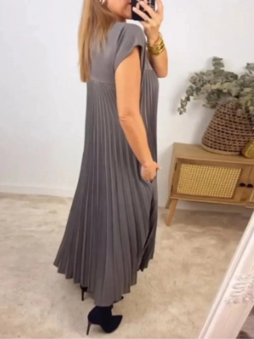 Full Size Pleated Round Neck Maxi Dress Plus Size, image 17