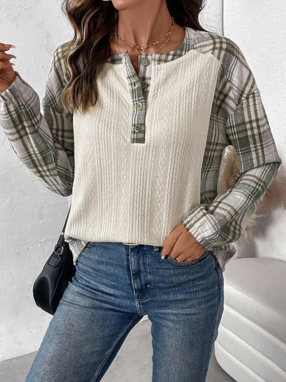Plaid Half Button Long Sleeve T-Shirt, image 7