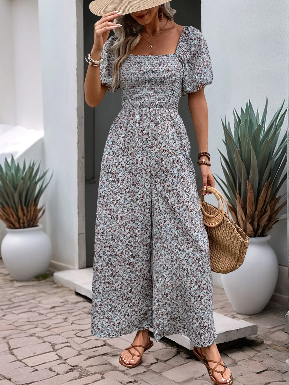 Ditsy Floral Smocked Square Neck Puff Sleeve Jumpsuit, image 12